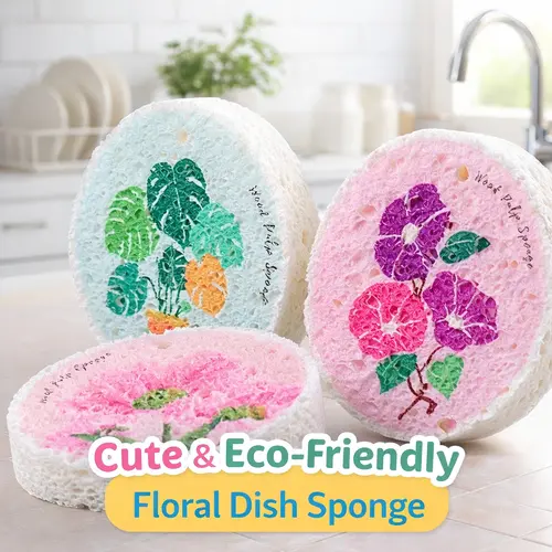 Luxury Biodegradable Flower-Printed Wood Cellulose Kitchen Sponges - Cute, Water-Absorbent, Soap-Compatible Scrubbers for Dishes, Multi-Use, Less Waste, Compostable Use (N2), Eco-Friendly