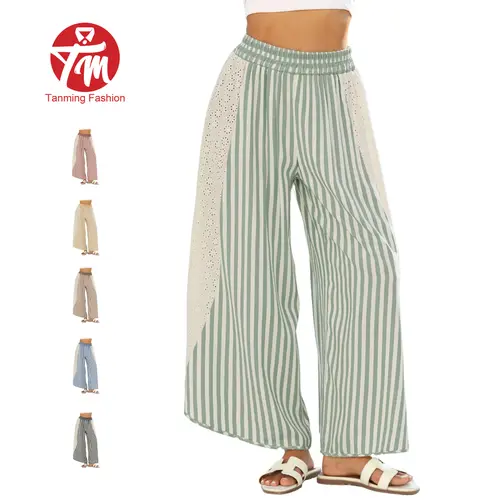 Tanming Women's Summer Striped Flare Palazzo Pants - Boho Bohemian High Smocked Waisted Wide Leg Bottoms with Crochet Detail, Lace Patchwork, Flowy High Rise Lounge Clothes for Women (Boho Outfits),summerwins,back to school shopping