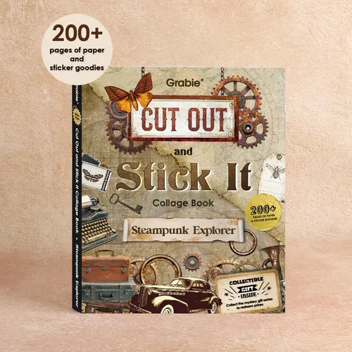 Grabie Steampunk Explorer Vintage Collage Activity Book - 200+ Pages, Mechanical & Invention Motifs, Bleed-Resistant Papers, Cut-Outs, Stickers, School Supplies, Creative Craft Supplies, Back to School Gift