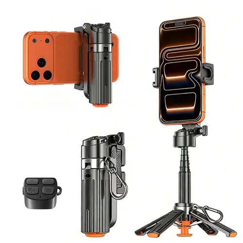 INFOJIFA 2026 Upgraded Foldable Alloy Mini Selfie Stick Grip - 360° Rotatable, Bluetooth Remote Control, Detachable Mobile Phone Mount, Lightweight Compact, Ideal for Selfies, Landscape Shooting, Compatible with Most Smartphones