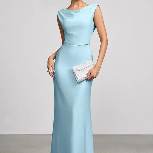 Azazie Althea Cape Neckline Open Back Mermaid Wedding Guest Party Glossy Knit Maxi Dress, Chic, Women
