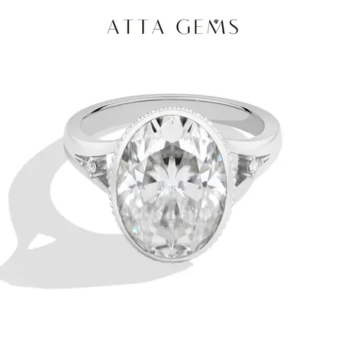 ATTAGEMS R392 Model 10CT D VVS1 Oval Cut Lab-Grown Moissanite 925 Sterling Silver Artificial Gemstone Ring for Adults - Elegant Jewelry, Wedding Ring