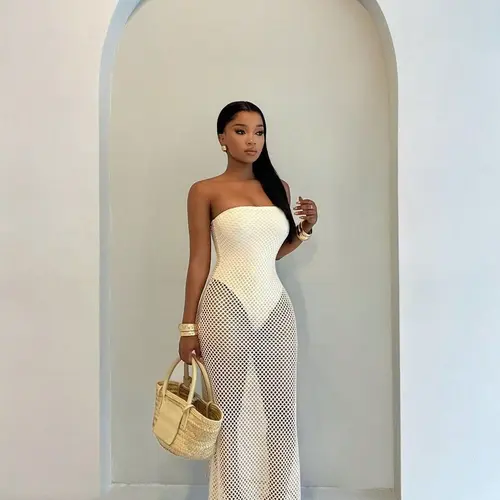 Women's Summer Beach Crochet Mesh Fringe Sleeveless Dress, Fake Two-Piece Design, Sexy Transparent Strapless Dress, Perfect for Beach Vacation, Chic Sheer Gown, Dress Up Gown, Beach Party Dress, Womenswear