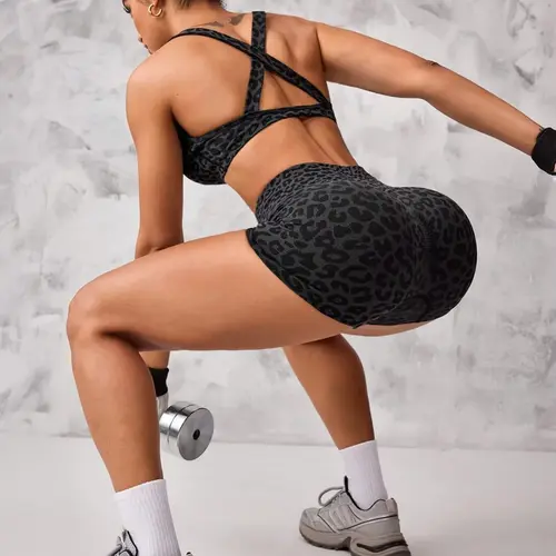 Women's Spring Summer Two-Piece Set, Leopard Print Bra and High-Waist Shorts, Sporty Fitness, Comfortable Workout Clothes, Fitness Wear, Workout Sets, Gym Workout Sets