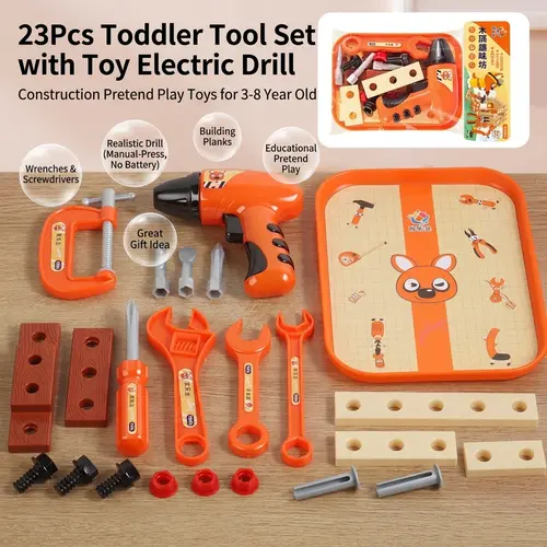 23Pcs Unisex Toddler Tool Kit - ABS Plastic DIY Wood Blocks Toys with Press-to-Rotate Electric Drill, STEM Learning Pretend Play, Toddler Tools and Gadgets Gift for 3-8 Years Preschoolers, Birthdays