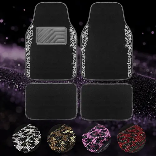 Queen’s Land 2PCS Sparkly Leopard Car Floor Mats, Car Mats for Truck Suv Car Bling Rhinestones Diamond Car Accessories for Women, Car Decor for Girl, Pink Red Black Leopard Car Accessories Gift