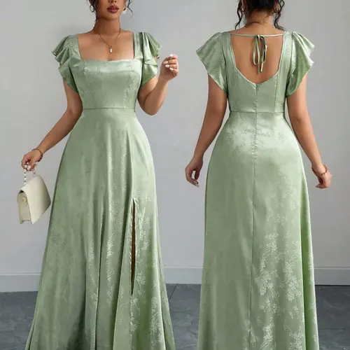 Women's square neck maxi dress with flutter sleeves, open back and side slit. French elegance, Chic and Elegant sophisticated style, suitable for formal wear, weddings, dinners, vacations, dates and other occasions, Dresses for wedding