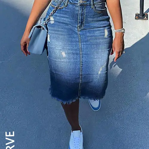 Women's Plus Size Elastic Tight Fit Sexy Denim Skirt, Casual Bodycon Skirt, Knee Length Basic Casual Plain Design, Ripped Raw Hem for Daily & Party Outdoors Bottoms