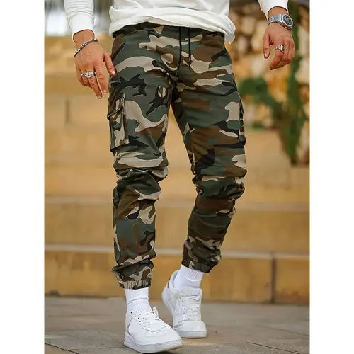 Men's Tactical Camo Cargo Joggers - Loose Fit Military Style Pants Utility Pockets | Adjustable Drawstring Waist & Elastic Cuffs | Quick-Dry Ripstop Fabric for Outdoor, Hiking & Streetwear (Machine Washable)