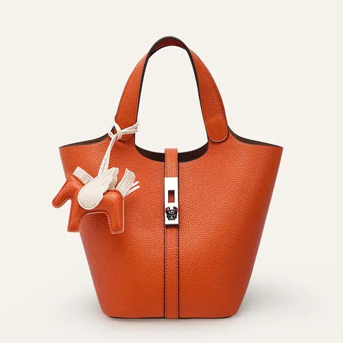 CN-6004 Women's PU Vegan Leather Bucket Shape Tote Bag - PU Leather Satchel with Detachable Pouch, Yellow Brown Minimalist Daily Use Essential Casual Handbag, Casual Trendy Handbag rare handbag