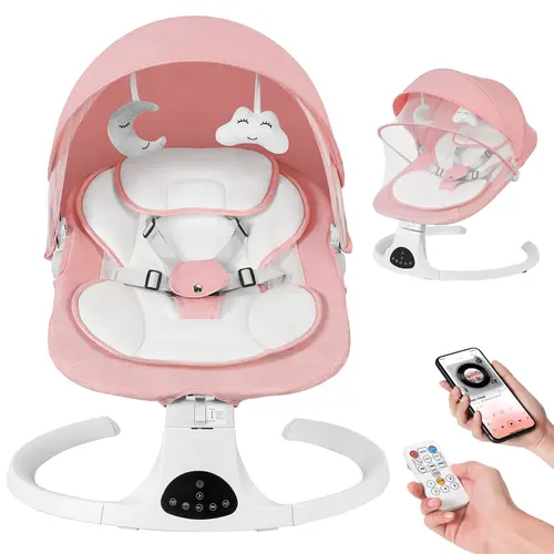 Electric Baby Swing Chair - Unisex 5-Speed Electric Bouncer with 10 Music, Bluetooth, Adjustable Volume, Remote Control, Fabric Frame, Mosquito Net, Portable Pink Indoor Rocker, Newborn Essentials, Newborn Baby Stuff