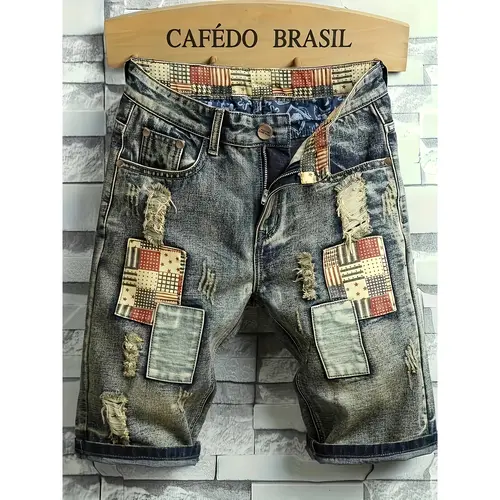 Men's Patchwork Denim Shorts, Casual Ripped Shorts, Casual Street Fashion Shorts for Summer, Men's Bottoms for Daily Wear Tight-fitting style, please take a larger size if you need a loose fit