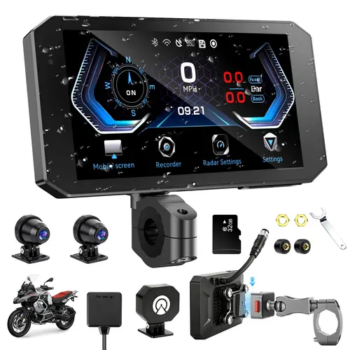 HURRA Motorcycle Carplay Android Auto with 5.5" Waterproof Touchscreen, TPMS, Millimeter Wave Radar, GPS Navigation,Dual 2K Dash Cam,BT,Real-time Alerts,OTA Updates,Quick Release Anti-Theft Mount summerwins