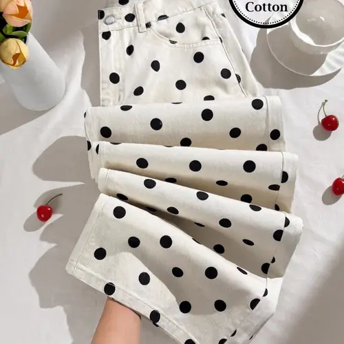 Boho Style Polka Dot Denim Jeans, Bohemian Loose-Fit Floor-Length Pants, Button Fly Closure, Pockets, Casual All-Season Wear, Comfortable Daily