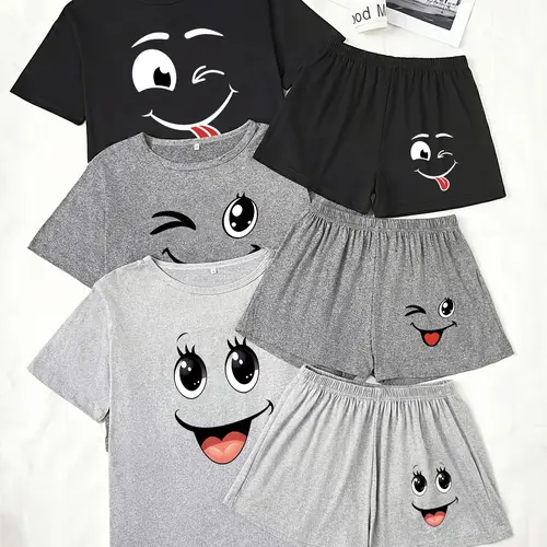 Three Sets Pajama Pjs Pajamas for Women, Short Sleeve Tee and Shorts, Smiley Face Print, Loose-Fitting Casual Sleepwear, Loungewear, Comfortable Nightwear
