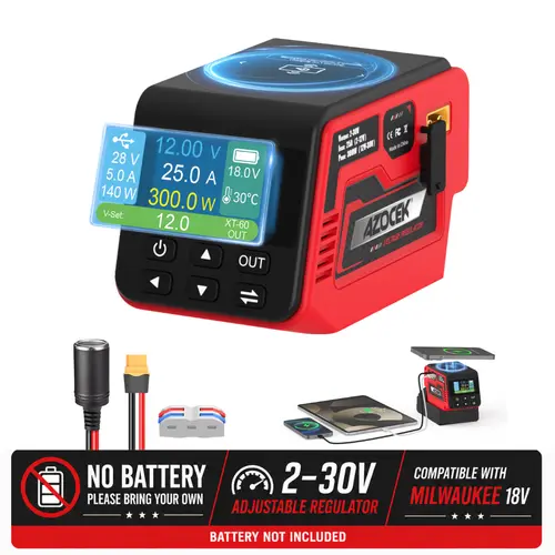 Azocek 300W Adjustable DC Voltage Regulator for Milwaukee 18V M18 Battery, 4-in-1 Power Station with 100W USB-C PD, 15W Wireless Charging, XT60 2-30V Output & Smart LCD [Battery Not Included]