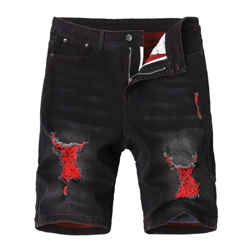 Men's Cotton Black Red Ripped Distressed Denim Shorts, Y2K Streetwear Contrast Color Jean Shorts, Casual Summer Knee-Length Bottoms, High Street Fashion