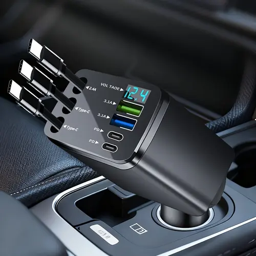 GYIOEUPT 120W Output Telescopic 7-in-1 Retractable Car Phone Charger, USB-C PD Multi-Port Dual Type-C Cable with LED Voltage Display, Compact Plug-and-Play Adapter for iPhone/Android, Car Accessories
