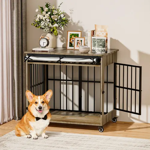 【SohoChic】ZZWHOM 32" Heavy Duty Multi-Use Wooden Dog Crate Furniture - Vented Airflow Indestructible Indoor Kennel with Lockable Wheels, Double Door & Lift-and-Push Front Door with Reinforced Steel Bars for Small/Medium Dogs, 32 Inches