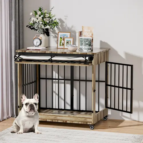 【SohoChic】38" Heavy Duty Indestructible Wooden Dog Crate with Wheels – Double Door Indoor Pet Kennel, Lift-and-Push Front Door, Reinforced Steel Bars for Medium & Large Dogs