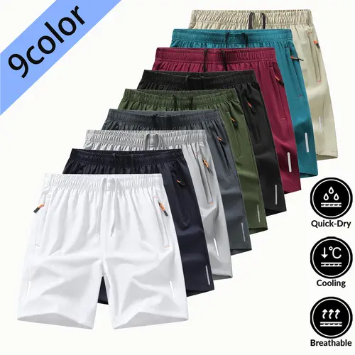 Men's Simple Solid Color Zipper Pocket 3-Quarter Gym Shorts - Summer Casual Comfortable Breathable Men's Clothing, Everyday Bottoms, Tropical Beige, SpringStatements Plain Breathable Cool Menswear