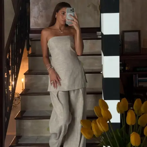 Solid Color Back Zipper Design Sleeveless Strapless Cami Top and Casual Loose Straight Leg Pants Minimalist Two-Piece Set, Womenswear, Comfortable and Stylish Everyday Fashion for Daily Wear, Palazzo Set, Sleeveless Clothes Set
