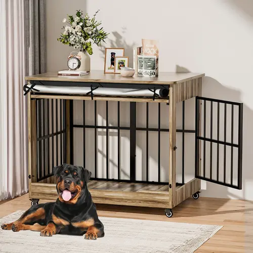 【SohoChic】46" Heavy Duty Indestructible Wooden Dog Crate with Wheels – Double Door Indoor Pet Kennel, Lift-and-Push Front Door, Reinforced Steel Bars for Extra Large Breed Dogs