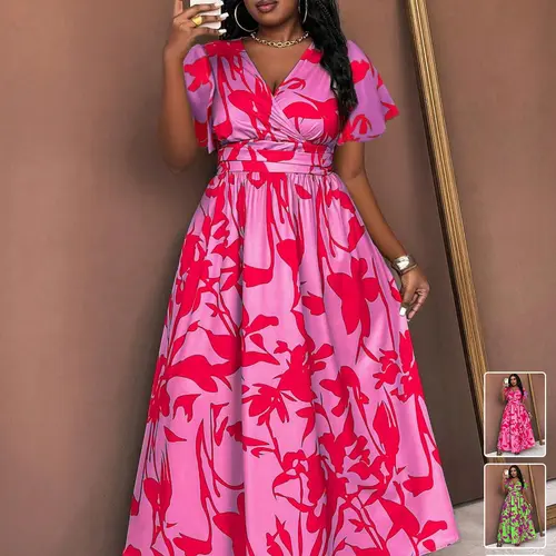 Plus Size Women's Floral Print Dress, Cross V Neck, Flutter Sleeves, High Waist Ruched Design, Vintage Tropical Style, Feminine, Summer, Beach Resort Wear