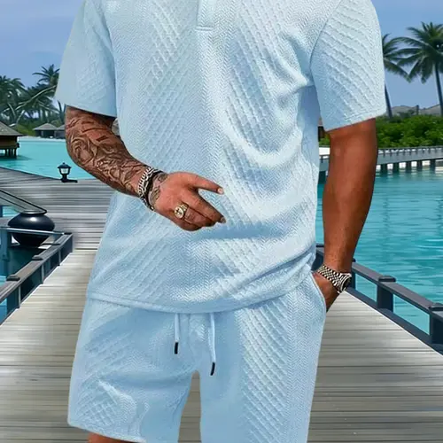 Men's Casual 2-Piece Soft Elastic Fabric Menswear Clothes Set - Textured Knitting Short Sleeve V-Neck Polo Shirt, Drawstring Shorts for Summer Holiday