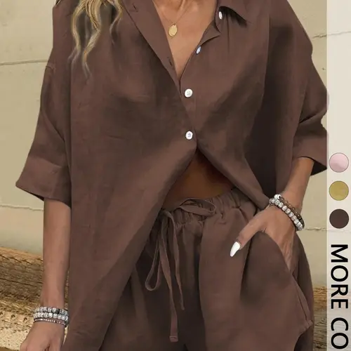 2 Piece Women's Summer Linen Feel Loose Set, Womenswear Brown Button Down Shirt & Shorts Casual Cozy Loungewear Lounge Outfit Loungewear Breathable Loungewear Set