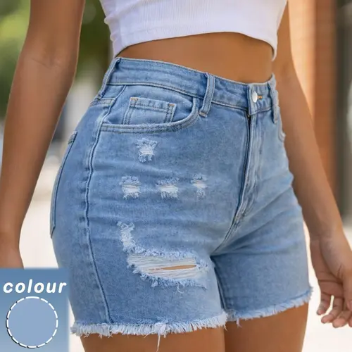 Summer Light Blue Elastic High Waist Shorts, Ripped Street Style Streetwear Light Wash Denim Shorts for Women, Casual Daily Everyday Wear, Versatile Jeans Shorts, Fit, Stretchy Jean Shorts