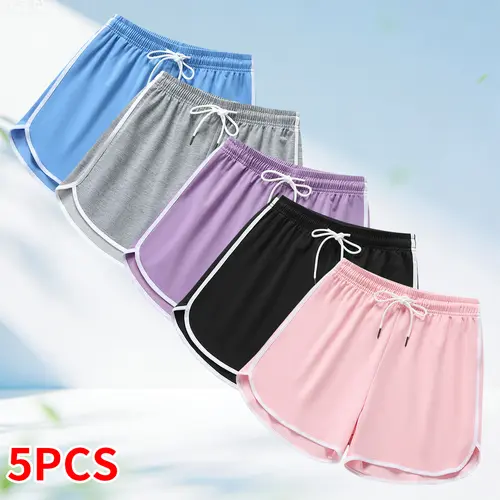 Pack of 5 women’s casual athletic shorts featuring a drawstring and elastic waistband; suitable for outdoor sports, fitness, running, and casual wear; women’s sportswear shorts.summervibes