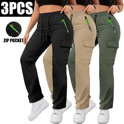 Women’s 3-pack cargo pants for spring/autumn, featuring a green colorway and zippered pockets; stylish design with large patch pockets and a drawstring elastic waistband. Casual outdoor long pants suitable for jogging and everyday wear., Cargo Pants Women