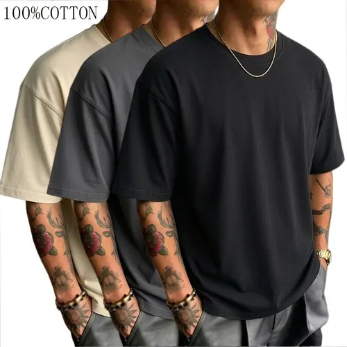Men's 3-Pack 100% Cotton Heavyweight Ribbed Baggy Vintage Loose Short-Sleeve Round Neck T-Shirts - Streetwear Casual Summer Basic Tops, Grey/Black