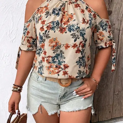 Women's Plus Size Cold Shoulder Cutout Floral Print Blouse Shirts Tie Sleeve Halter Top Flowy Casual Aesthetic Chic Summer Vacation Bohemian Boho Beach Outfits Trendy