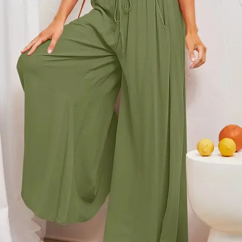 New Spring Summer Casual Adjustable Drawstring Pockets Solid Wide-Leg Trousers, Fashion Versatile Loose Pants for Women, Comfortable and Stylish Everyday Wear