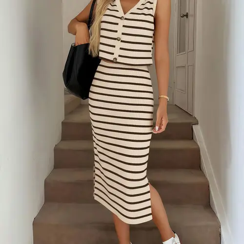 Women's Loose-fitting Sleeveless Striped Waffle Pattern V-neck Button Vest & Side Slit High-waist Skirt, Two Piece Sets, Casual Business Wear Womenswear