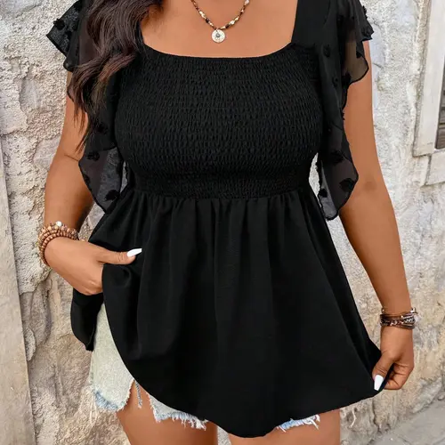 Women's Plus Size Smocked Peplum Hem Blouse, Boho Chic Blouse, Casual Square Neck Swiss Dot Flutter Sleeve Shirt, Trendy Bohemian Style Flowy Top for Summer, Boho Fashion Top