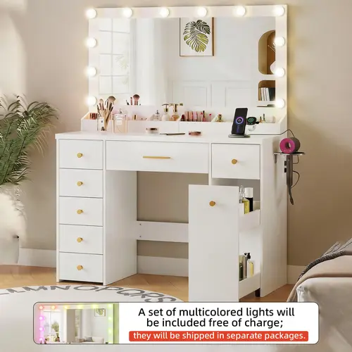 LAKEMID Vanity with Extra-Large Mirror, Illuminated Mirror, 12-Light LED Panel with Three Color Settings, Plus aComplimentary Multi-Color Light Set, 7-Drawer Vanity,Featuring a Pull-Out Double-Tier Storage Cabinet, Women'sVanity (White), Vanity With Mirro