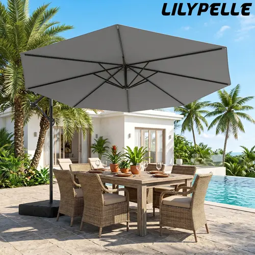 Lilypelle Offset Patio Umbrella with Base,99% UV Blocking Waterproof Outdoor Umbrella for Patio Garden Pool， 10ft，45° Tilt Cantilever Umbrella, summerwins,home decor,camping essentials