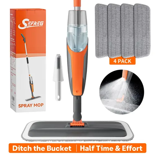 AIR U Multifunction Microfiber Spray Mop with Aluminum Pole, 360° Swivel Head, 420ml Detachable Refillable Water Tank, 4 Washable Pads, 1 Cleaning Scraper - Home Supplies for Hard Floor Use (Hardwood, Tile, Smooth Surfaces)