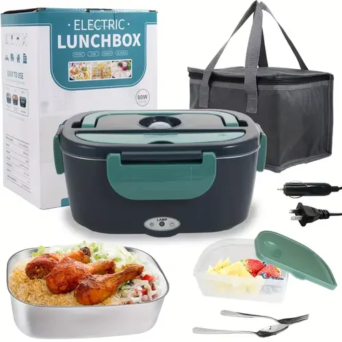 Lunch Box 50.72oz - 110V Home & 12V/24V Car Portable Food Warmer, Stainless Steel Heated Meal Container W/ Fork & Insulated Bag, for Truck Drivers, Office, Travel, Camping, College(Fast Heating)