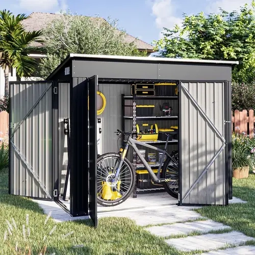Aoxun 7.5'x4' Black Galvanized Metal Triple Door Shed - Durable Build, 3 Lockable Doors, Sloping Roof, Assembly Required Outdoor Garden Building with Instructions for Tool Storage & Backyard Organizing, Tools