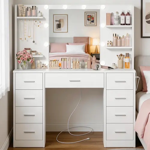 Lighted Modern Makeup Vanity Set - 44.5" White Freestanding LED Vanity Dresser with Adjustable LED Lighting, Built-in Charging Station, 9 Drawers, Storage Shelves, MDF Board, Bedroom Dressing Room Indoor Furniture, Assembly Required, Lighted Makeup Vanity