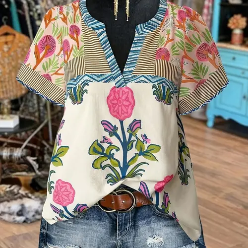 Plus Size Women's Floral Patchwork Short-Sleeve V-Neck Blouse, Loose-Fit Boho Top for Summer Daily Wear Party