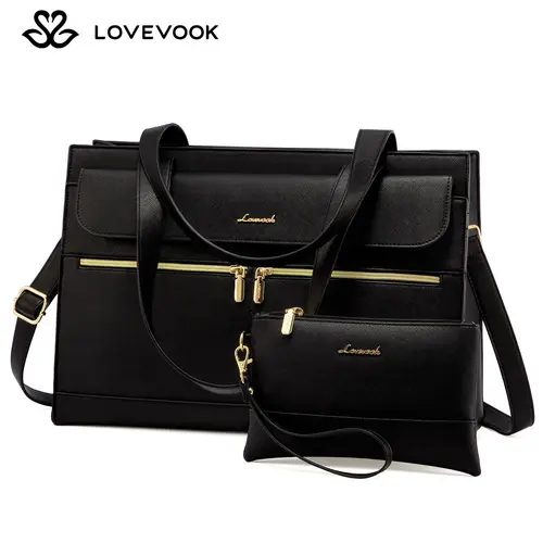 LOVEVOOK July Limited-Time Promotional Discounts 15.6" Laptop Tote Bag for Women - Waterproof Vegan Leather Business Work Bag with Clutch & 2 Cup Holders  Suitable for the workplace, office, and casual wear