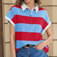 Tankaneo Womens Striped Polo Shirts Summer Short Sleeve Rugby Shirt Oversized Cotton Collared Casual Loose Cropped Tee Tops Outfits Shortsleeve