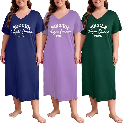 FEREMO Women's Plus Size Football Print Nightgown - V-Neck Short Sleeve Casual Breathable Polyester Jersey Knit Sleepwear, Plus Size Fashion, Extra Large Nightdresses, Straight Digital Print Loungewear, 3X