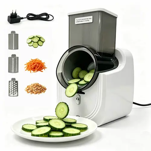 3-in-1 Electric Vegetable Slicer, Fast Kitchen Chopper & Shredder with 3 Blades for Slicing, Shredding & Grinding, Safe Hands-Free Operation