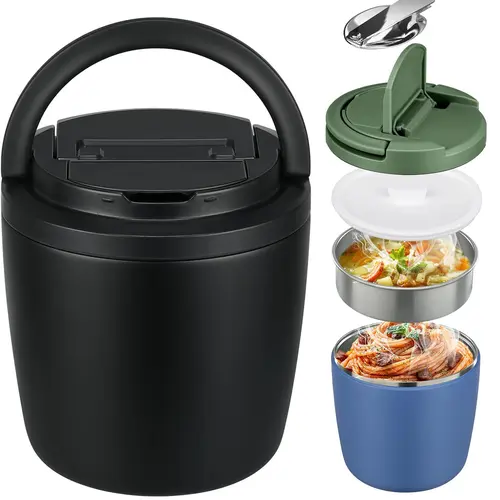 [tiktokshopsummersale]  Maxso 40 Oz Stainless Steel Vacuum Insulated Lunch Container For Adults Leakproof Thermal Food Jar With Wide Mouth Buckle Lid And Spoon Tableware Tableware Tableware Tin Canister Canister Hard Shell Lunchbox Black, 40Oz, Stainless